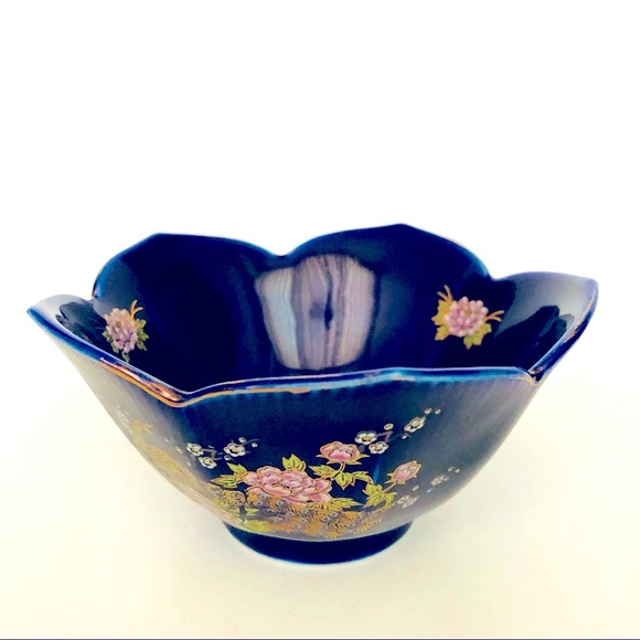 Antique Japanese Porcelain Fan Plate & Flowers Bowl Cobalt Blue. Collectible - Picture 6 of 8